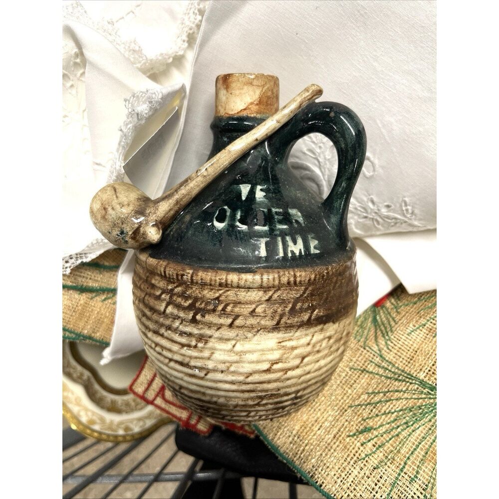 Vintage Ye Olden Time Whiskey Jug / Bottle Figural Tobacco Pipe Handle Pottery